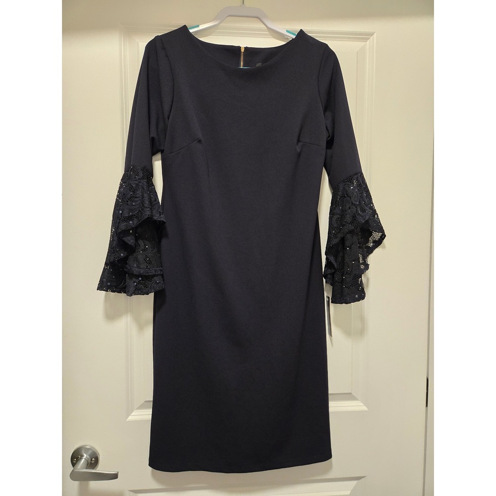 NWT Shelby Nites Navy Blue Lace Bell Sleeve Sequin Sheath Dress Size 10